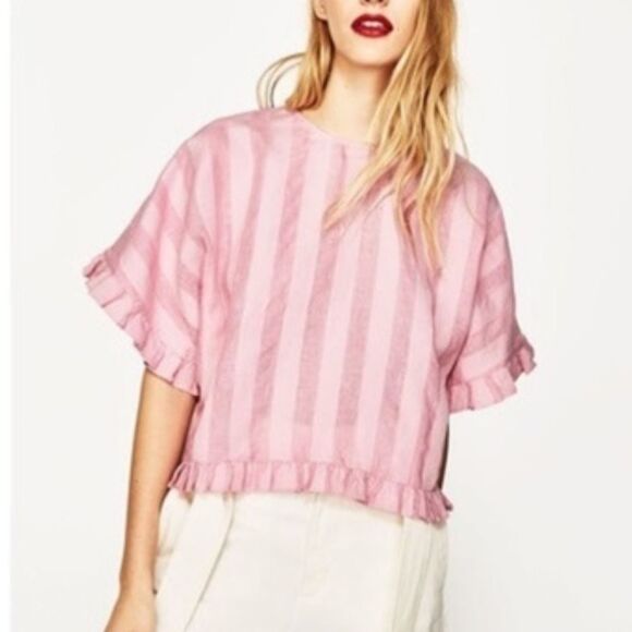 Zara Pink Striped Linen Boxy Top Size S - Picture 2 of 8